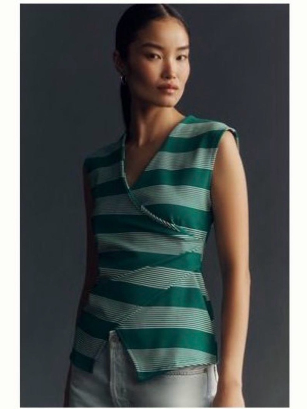 Anthropologie Green Striped Sleeveless Wrap-Style Top